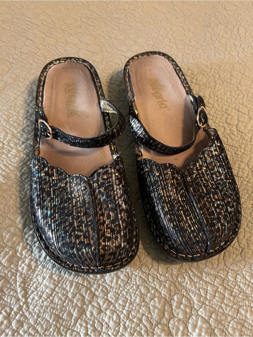 Alegria Women’s Black Metallic Patterned Mary Jane Sandals